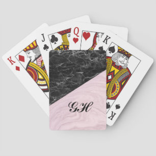 Chic Elegant Black Pink Marble Monogrammed Playing Cards