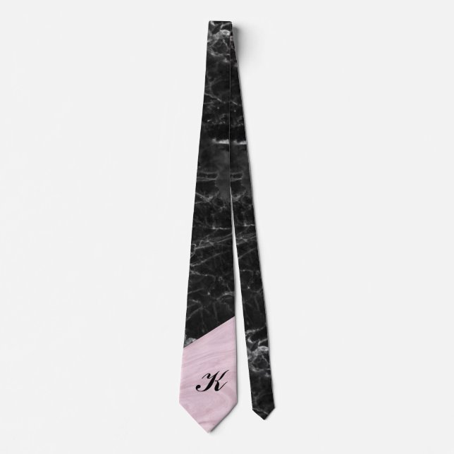 Chic Elegant Black Pink Marble Monogrammed Tie (Front)