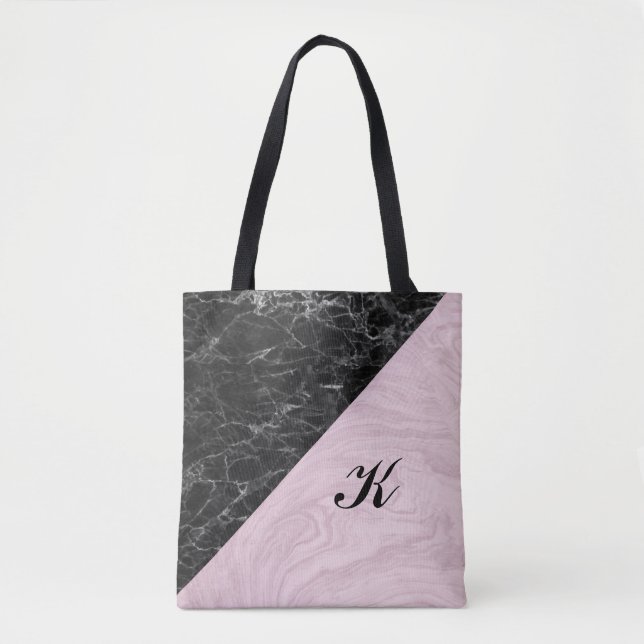 Chic Elegant Black Pink Marble Monogrammed Tote Bag (Front)