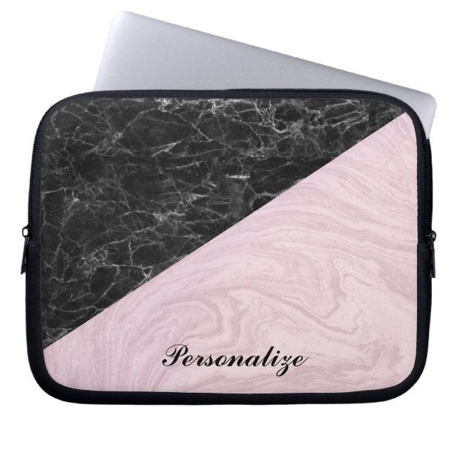 Chic Elegant Black Pink Marble Personalise Laptop Sleeve (Front)