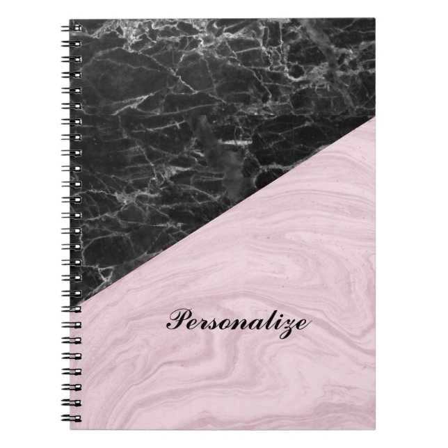 Chic Elegant Black Pink Marble Personalised Notebook (Front)