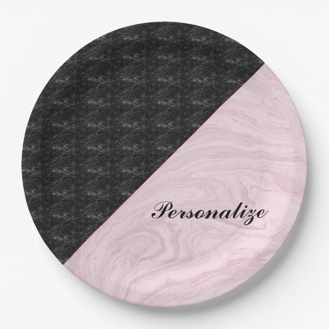 Chic Elegant Black Pink Marble Personalised Paper Plate (Front)