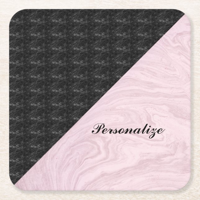 Chic Elegant Black Pink Marble Personalised Square Paper Coaster (Front)