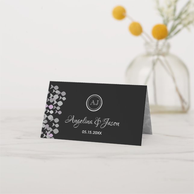 Chic Elegant Black & Silver Ocean Themed Wedding Place Card (Back)
