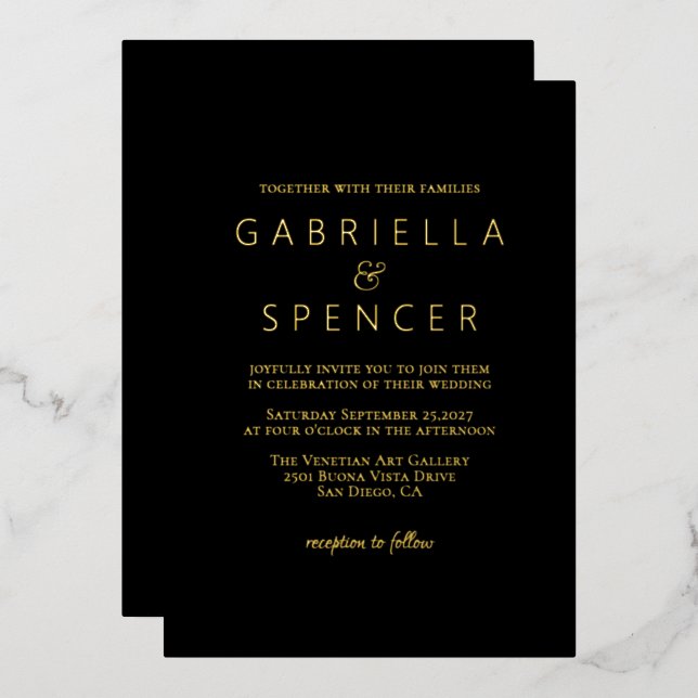 Chic Elegant Black Wedding Gold Foil Invitation (Front/Back)