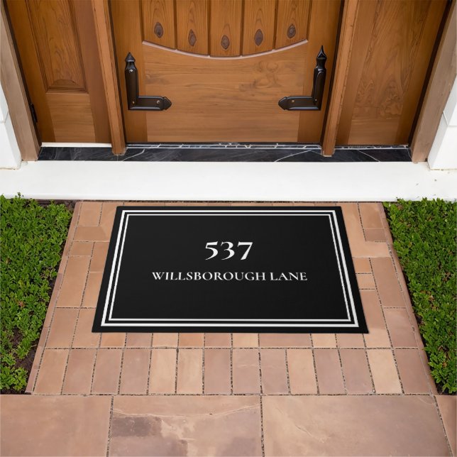 Chic Elegant Black White House Number Street Name Doormat (Outdoor)