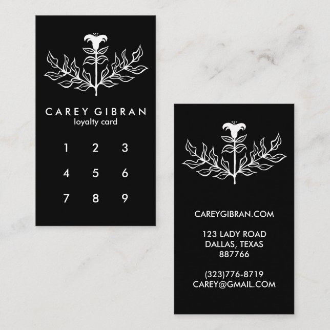 Chic Elegant Black White Lily Line Drawing CUSTOM  Loyalty Card (Front/Back)