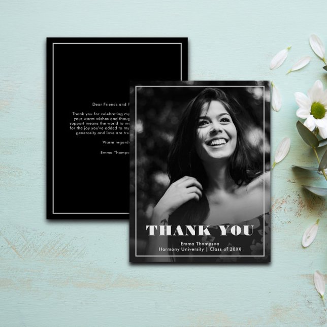 Chic Elegant Black & White Photo Graduation Thank You Card (Creator Uploaded)