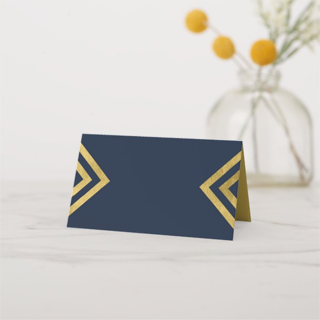 Chic Elegant Blue and Faux Gold Geometric Place Card (Front)