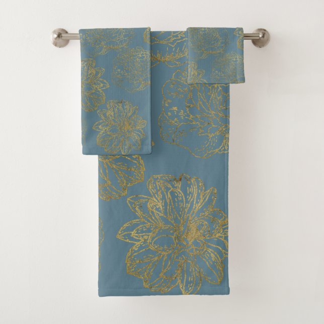 Chic Elegant Blue Gold Line Drawn Flower Pattern Bath Towel Set (Insitu)