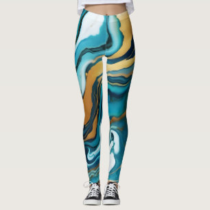 Chic Elegant blue green gold Faux Marble  Leggings