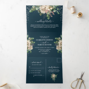 Chic Elegant Blush Florals & Navy Tri-Fold Wedding Invitation
