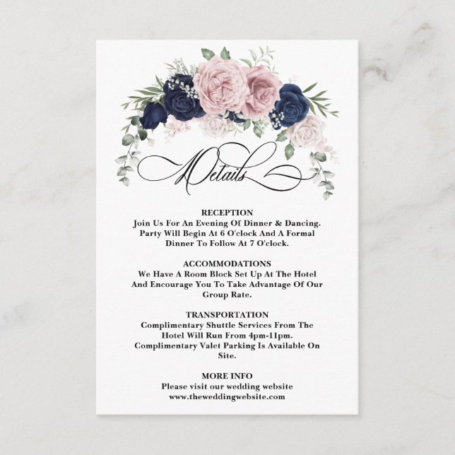  Chic Elegant Blush Navy Blue Wedding Details card (Front)