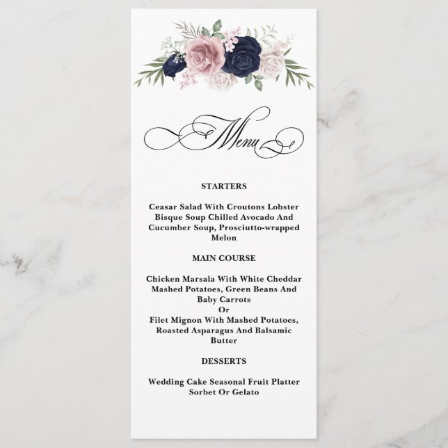 Chic Elegant Blush Navy Blue Wedding Menu (Front)