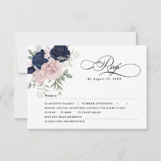 Chic Elegant Blush Navy Blue Wedding RSVP  Card