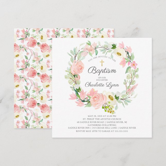 Chic & Elegant Blush Pink Floral Baptism Invitation (Front/Back)