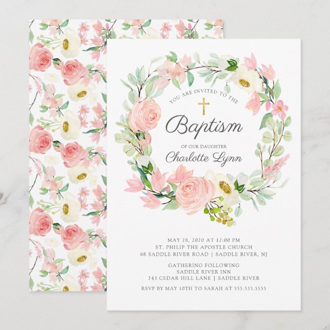 Chic & Elegant Blush Pink Floral Baptism Invitation (Front/Back)