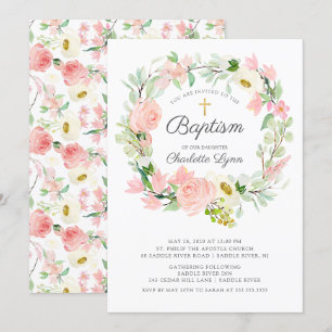 Chic & Elegant Blush Pink Floral Baptism Invitation