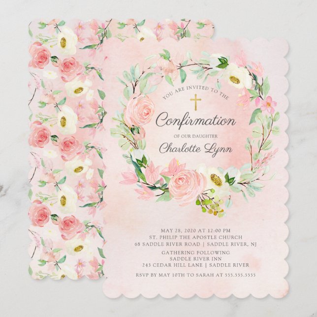 Chic & Elegant Blush Pink Floral Confirmation Invitation (Front/Back)
