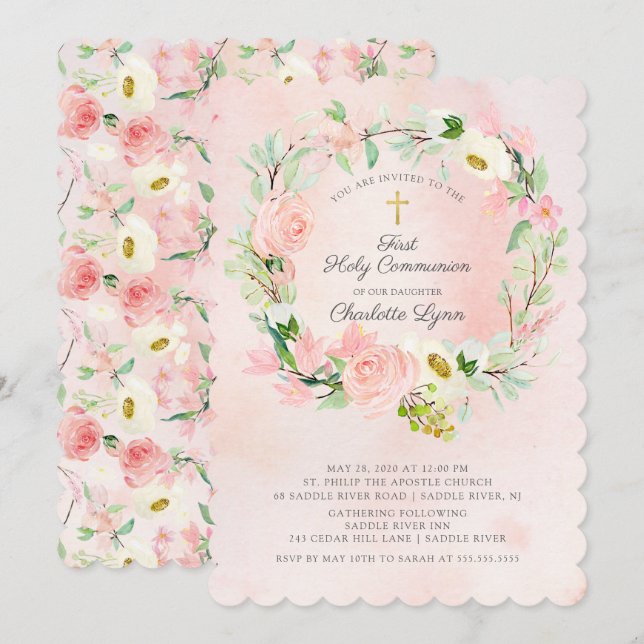 Chic & Elegant Blush Pink Floral First Communion Invitation (Front/Back)