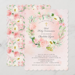 Chic & Elegant Blush Pink Floral First Communion Invitation