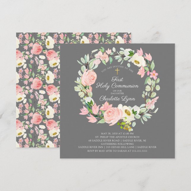 Chic & Elegant Blush Pink Floral First Communion Invitation (Front/Back)