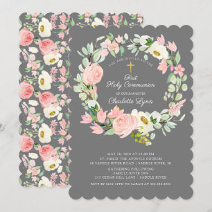 Chic & Elegant Blush Pink Floral First Communion Invitation