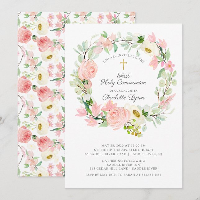 Chic & Elegant Blush Pink Floral First Communion Invitation (Front/Back)