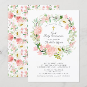 Chic & Elegant Blush Pink Floral First Communion Invitation
