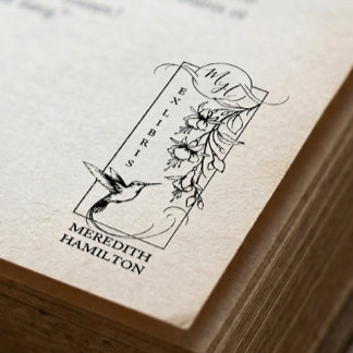 Chic Elegant Botanical Ex Libris Hummingbird Rubber Stamp