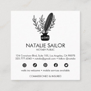 Chic Elegant Botanical Quill Logo Notary Public Square Business Card
