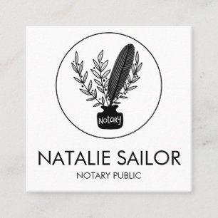 Chic Elegant Botanical Quill Logo Notary Public Square Business Card