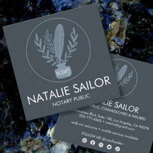 Chic Elegant Botanical Quill Logo Notary Public Square Business Card