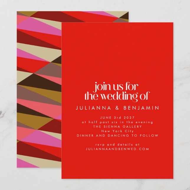 Chic Elegant Bright Red Geometric Wedding  Invitation (Front/Back)