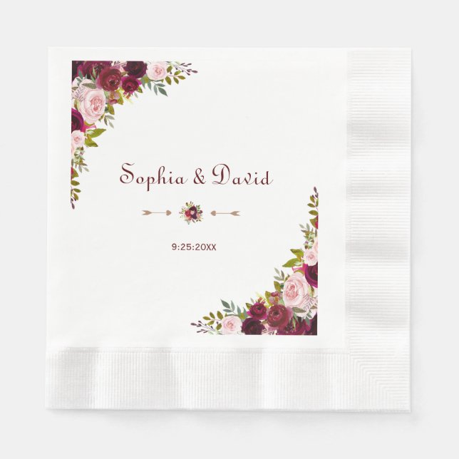 Chic Elegant Burgundy Marsala Floral Wedding Napkin (Front)