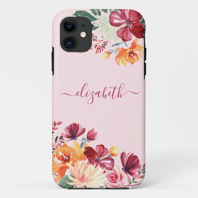 Chic Elegant Burgundy Pink Orange Floral Name Case-Mate iPhone Case (Back)