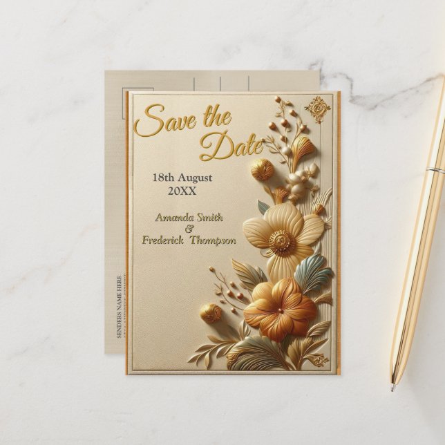 Chic, Elegant Creams & leather flower texture look Announcement Postcard (Front/Back In Situ)