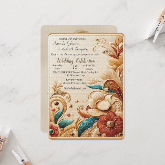 Chic, Elegant Creams & leather flower texture look Invitation (Front/Back In Situ)