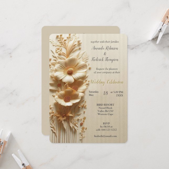 Chic, Elegant Creams & leather flower texture look Invitation (Front/Back In Situ)