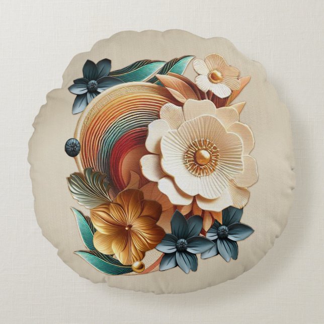 Chic, Elegant Creams & leather flower texture look Round Cushion (Front)