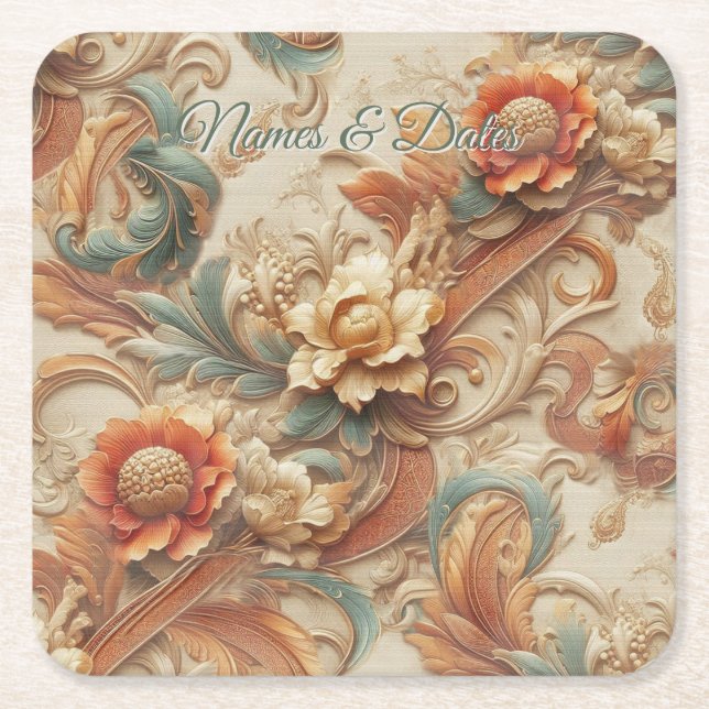 Chic,Elegant Creams & leather flower texture look Square Paper Coaster (Front)
