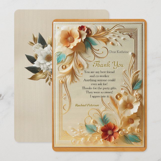 Chic, Elegant Creams & leather flower texture look Thank You Card (Front/Back)