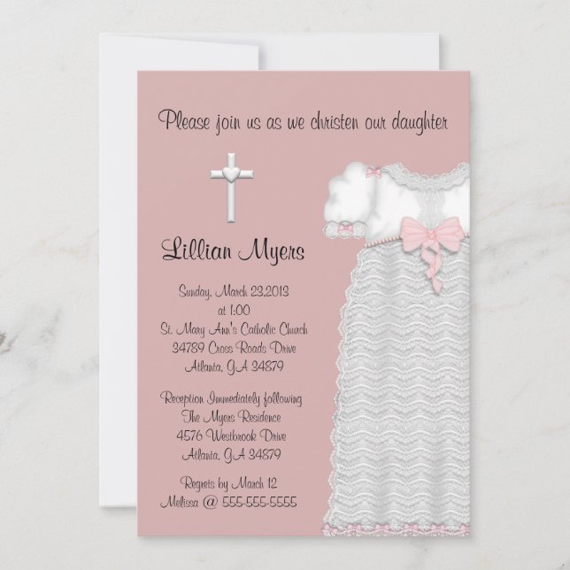 Chic Elegant Cross & Dress Baptism/Christening Invitation (Front)