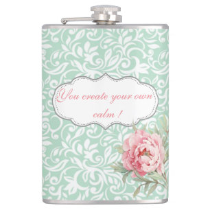 Chic Elegant  Damask, Roses,Motivational Message Hip Flask