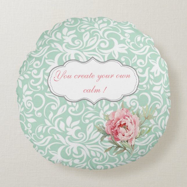 Chic Elegant  Damask, Roses,Motivational Message Round Cushion (Front)