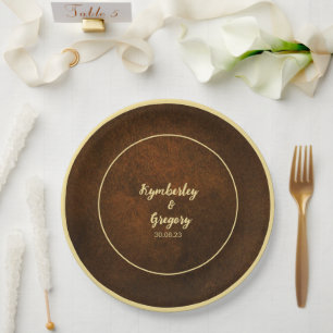 Chic Elegant Dark Brown Textured Gold Accent  Paper Plate
