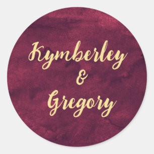 Chic Elegant Dark Burgundy Watercolor Gold Accent  Classic Round Sticker