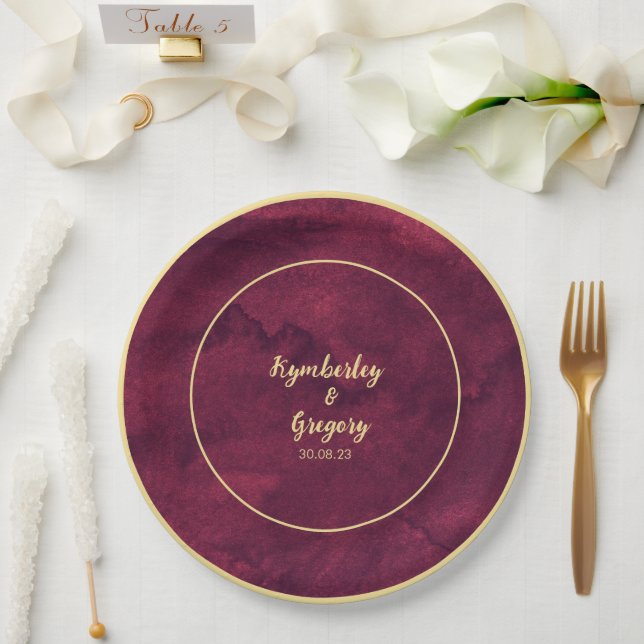 Chic Elegant Dark Burgundy Watercolor Gold Accent  Paper Plate (Wedding)