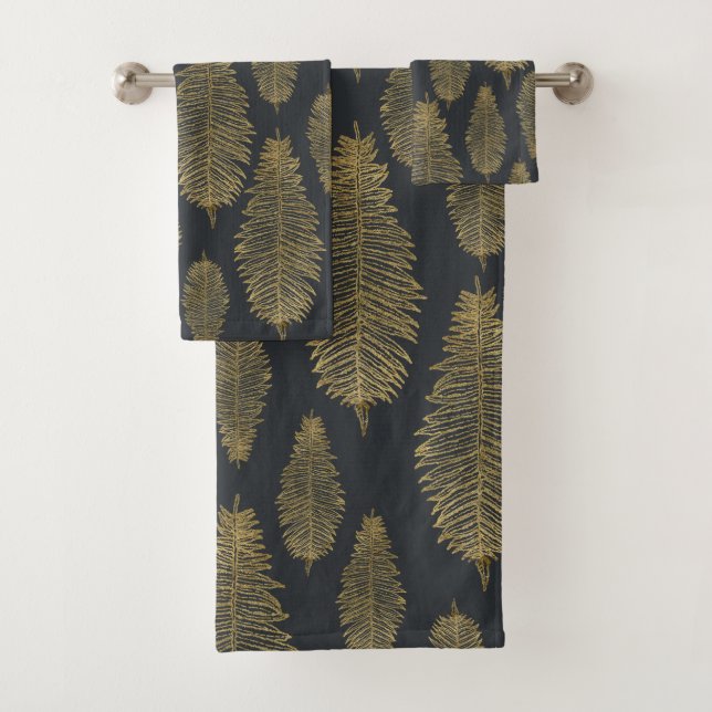 Chic Elegant Dark Gray Gold Fern Leaf Pattern Bath Towel Set (Insitu)