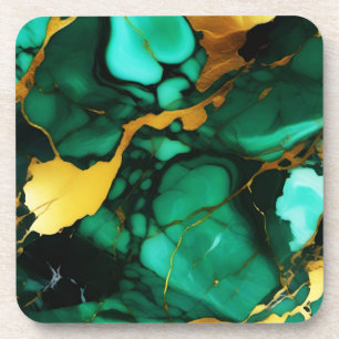 Chic Elegant dark green golden yellow Faux Marble Coaster